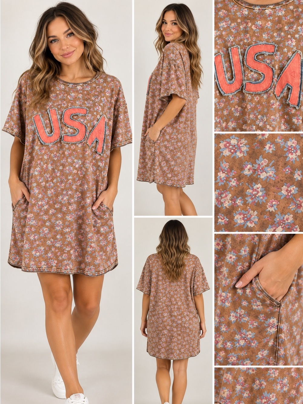 easel Brown Floral 'USA' Pocket Tee Dress